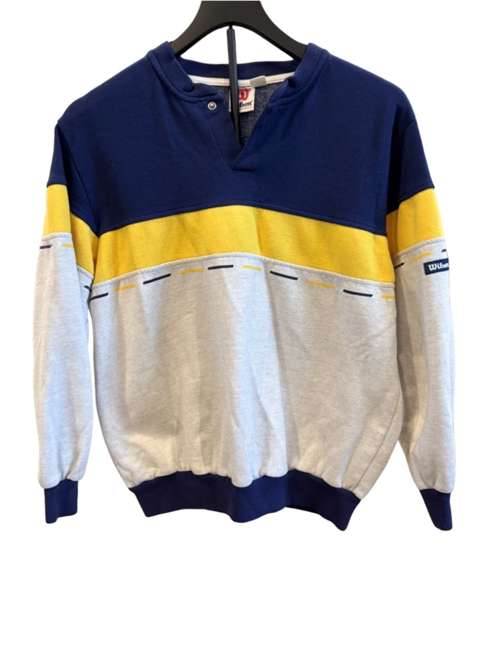 Vintage Wilson Colorblock Crewneck Sweater in Navy, Yellow & Light Gray - unisex